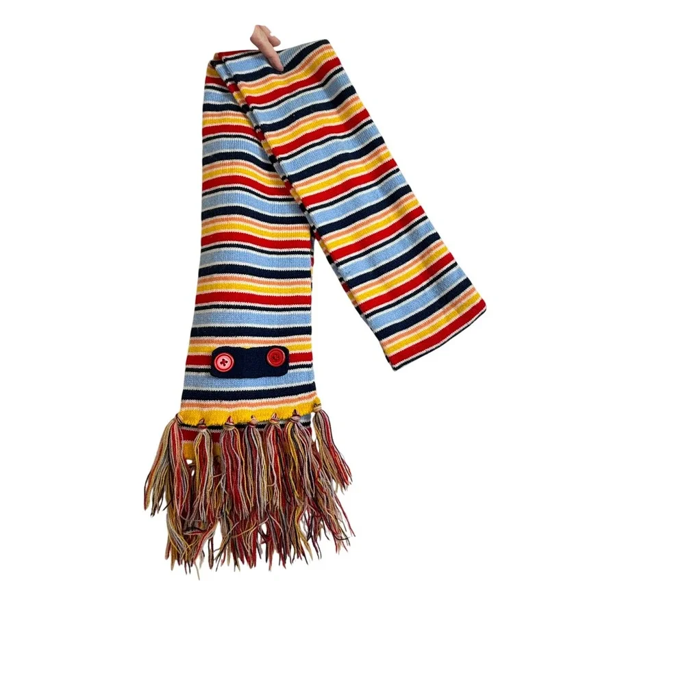 Vintage Mudd Y2K Striped Knit Scarf Fringe Button Detail Multicolor Kidcore OS